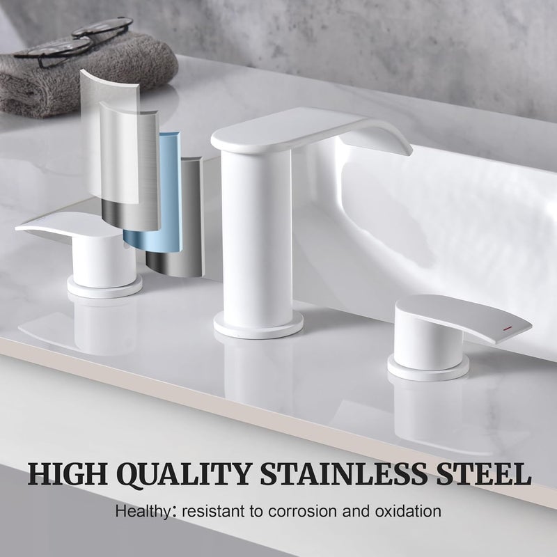 Ultimate Unicorn 8 inch Bathroom Faucet White, Waterfall Bathroom Sink Faucet with Metal Pop-up Drain Stopper and 2 Supply Hoses,2 Handle Widespread Faucets for Vanity Sink 3 Holes - Image 4